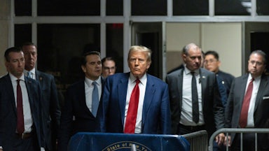 Former US President Donald Trump in the hallway outside a courtroom at Manhattan criminal court in New York.