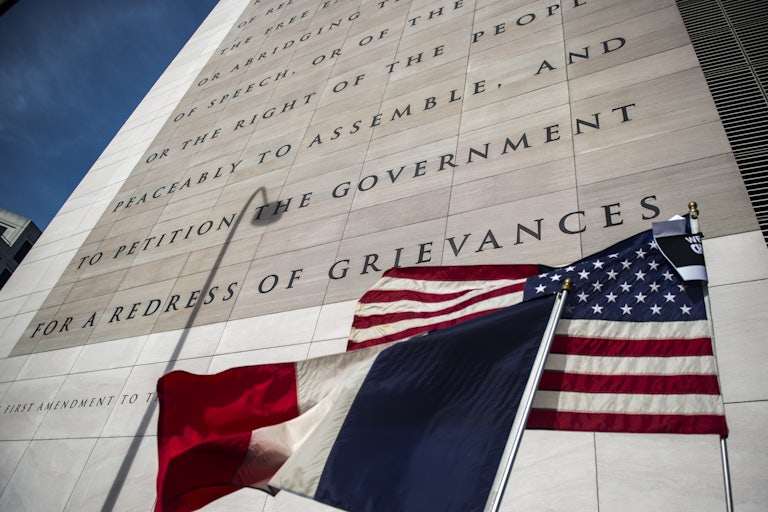 The text of the First Amendment of the U.S. Constitution is displayed on the facade of the Newseum.