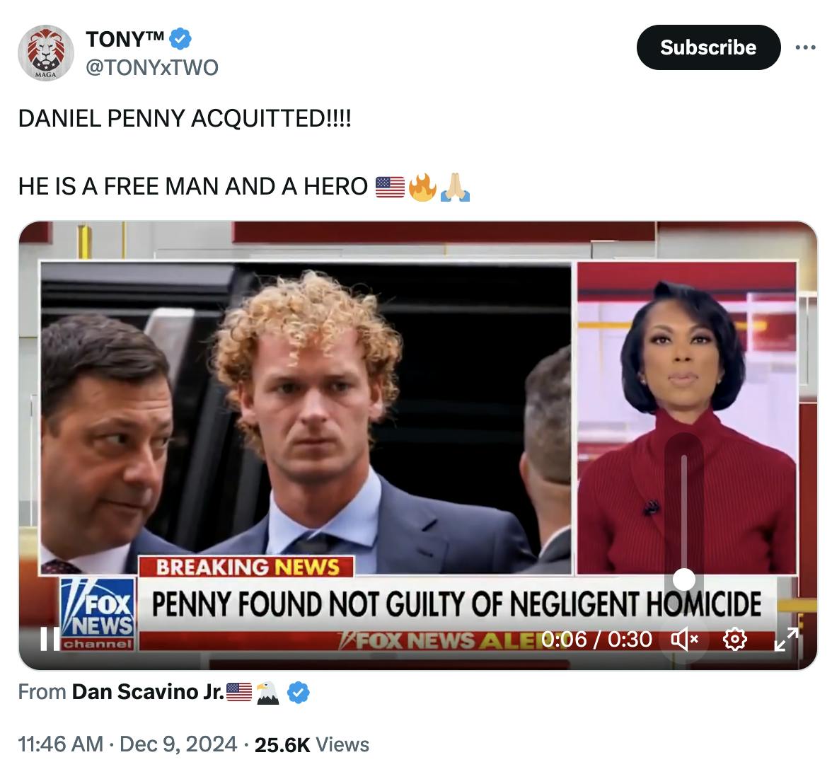 X screenshot TONY™ @TONYxTWO:
DANIEL PENNY ACQUITTED!!!!

HE IS A FREE MAN AND A HERO 🇺🇸🔥🙏🏼

(resharing Fox News video posted by Dan Scavion Jr.)