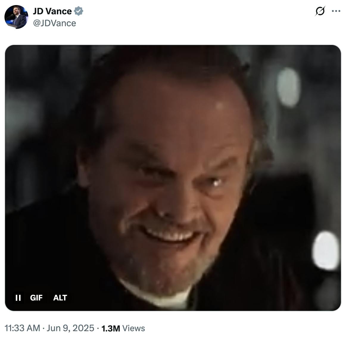 X JD Vance @JDVance (screenshot gif of Jack Nicholson nodding his head)
