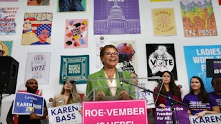 Los Angeles Mayor Karen Bass speaks behind a lectern with a sign referring to "Roevember" at a pro-choice event in 2022. Democrats have revived "Roevember" as a rallying cry ahead of the 2024 contest.