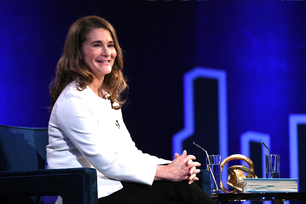 A smiling Melinda Gates glances out at the audience during an interview with Oprah Winfrey