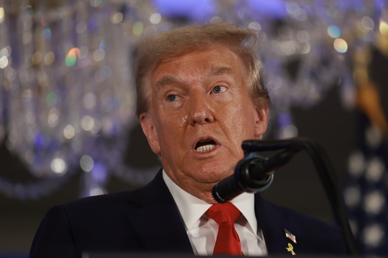 Donald Trump speaks into a microphone