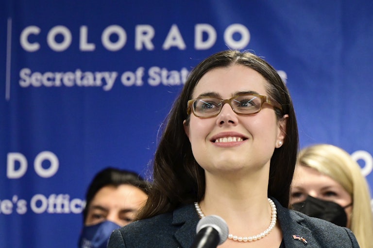 Colorado Secretary of State Jena Griswold at a news conference