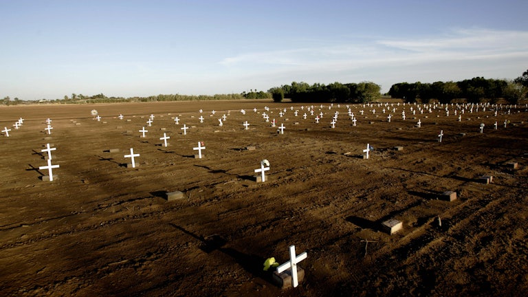 A makeshift cemetery bearing the bodies of unidentified people who have died crossing the border in the city of Holtville, a few miles east of San Diego, CA
