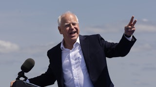 Tim Walz speaks at a campaign rally in Eau Claire, Wisconsin.