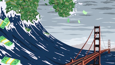 A tidal wave with money at the crest is about to hit the Golden Gate Bridge.