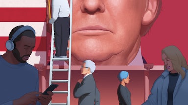 An illustration of a poster being installed with Trumps face on it with pedestrians going about their business not paying any attention