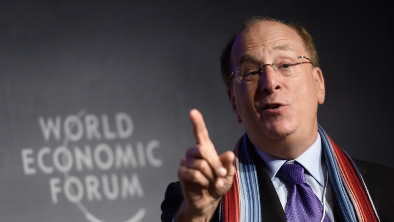 BlackRock CEO Larry Fink gesticulates while talking.