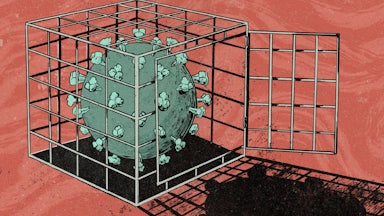 An artist’s illustration depicts a SARS-CoV-2 viral particle (the virus that causes Covid-19) in a cage, with the door open.
