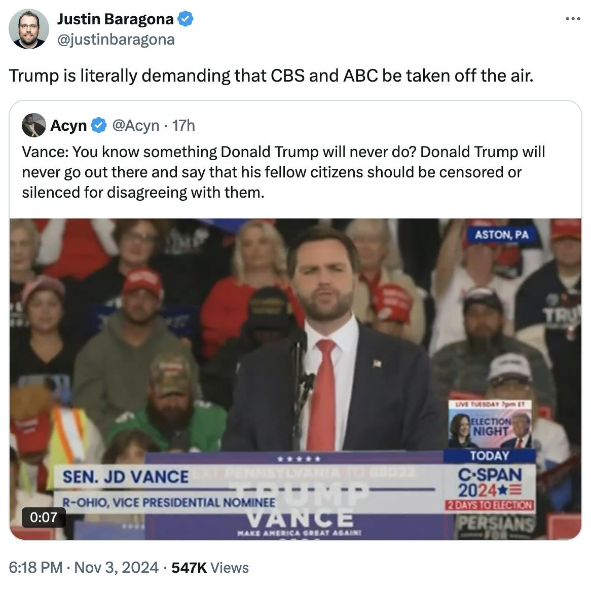 Twitter screenshot Justin Baragona @justinbaragona: Trump is literally demanding that CBS and ABC be taken off the air.