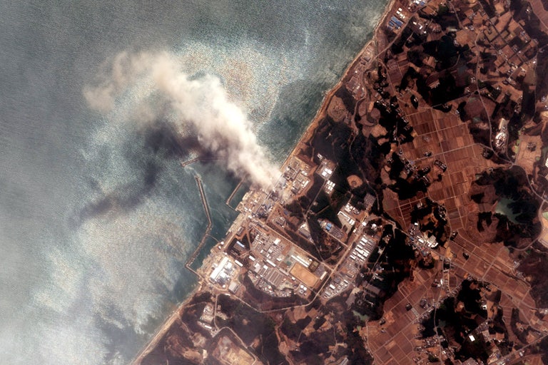 A satellite view of the Fukushima Daiichi nuclear power plant after a tsunami hit the facility in March 2011