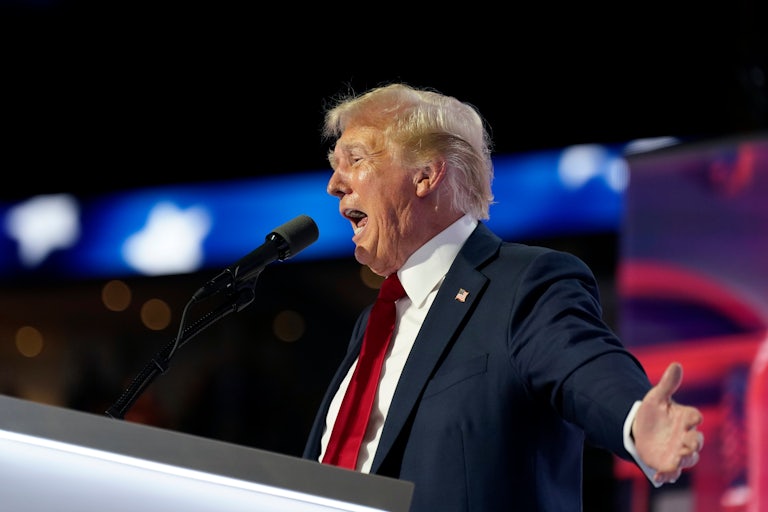 Donald Trump gestures as he speaks at the Republican National Convention