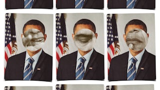 A collage of headshots of Barack Obama, his face covered by black-and-white close-ups of his eyes and mouth