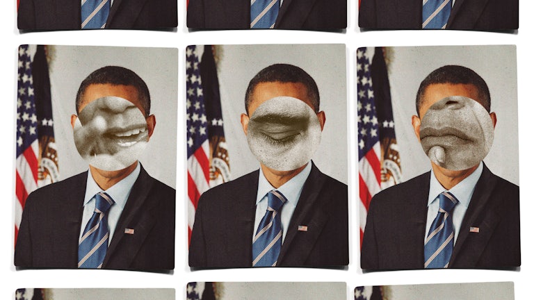 A collage of headshots of Barack Obama, his face covered by black-and-white close-ups of his eyes and mouth