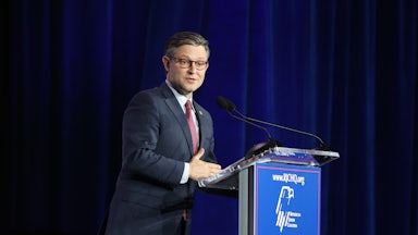 House Speaker Mike Johnson at a Republican Jewish Coalition meeting in Las Vegas