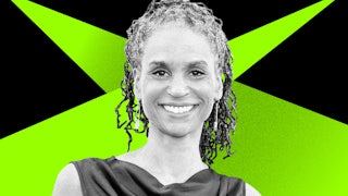 Maya Wiley in front of a green and black background