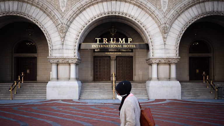 The front entrance of what was once the Trump International Hotel in Washington, D.C.