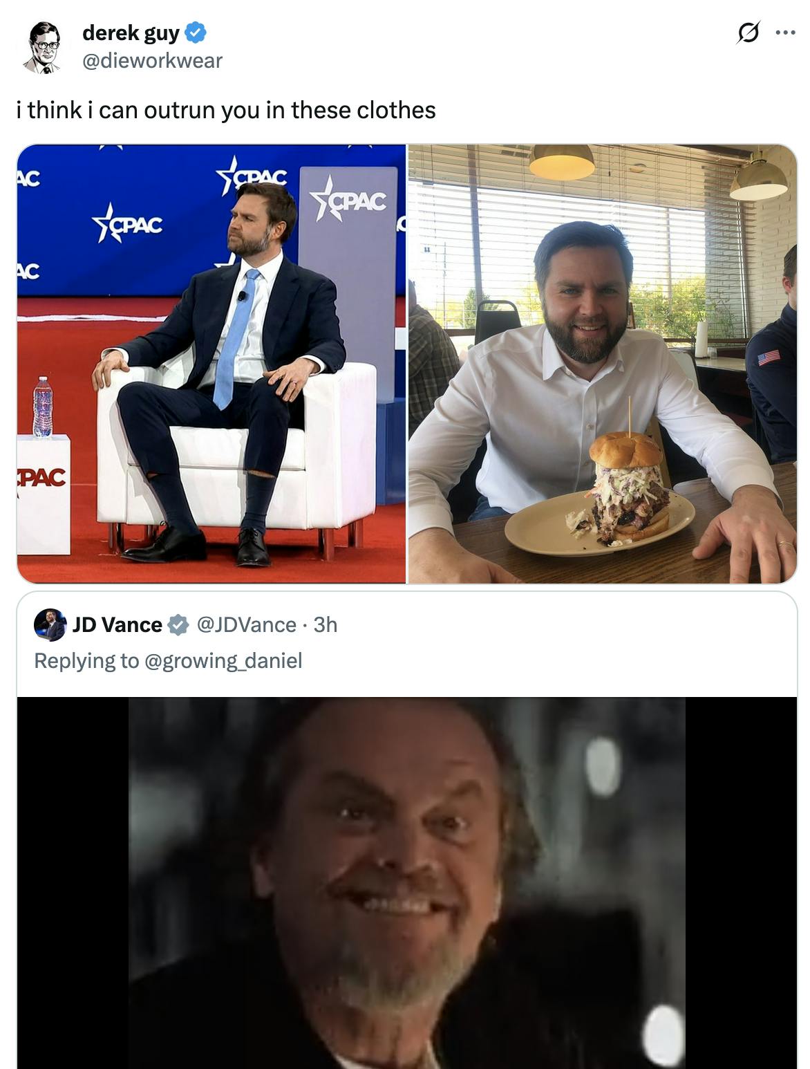 X derek guy @dieworkwear i think i can outrun you in these clothes (photos of JD Vance in clothes that are way too tight)