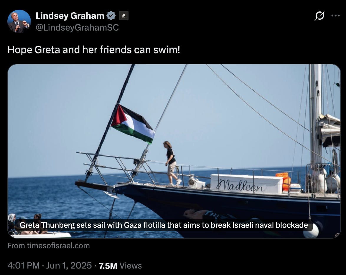 X screenshot Lindsey Graham @LindseyGrahamSC: Hope Greta and her friends can swim!