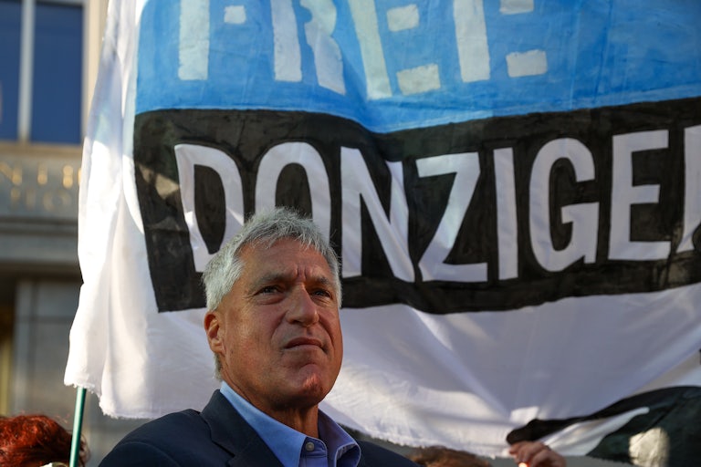 Steven Donziger is seen at "Free Donziger" rally held in front of the Manhattan Court House in New York City on October 1, 2021.