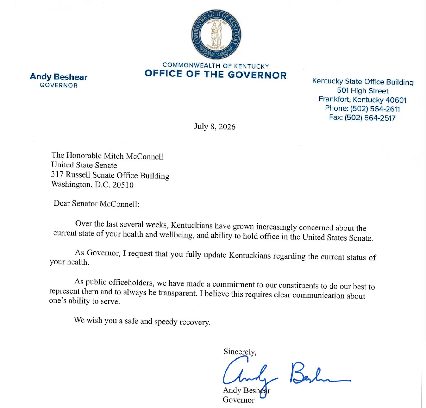 Beshear letter to McConnell's office