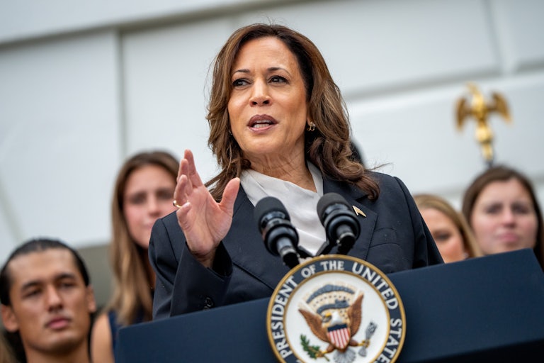 Kamala Harris speaks at a podium