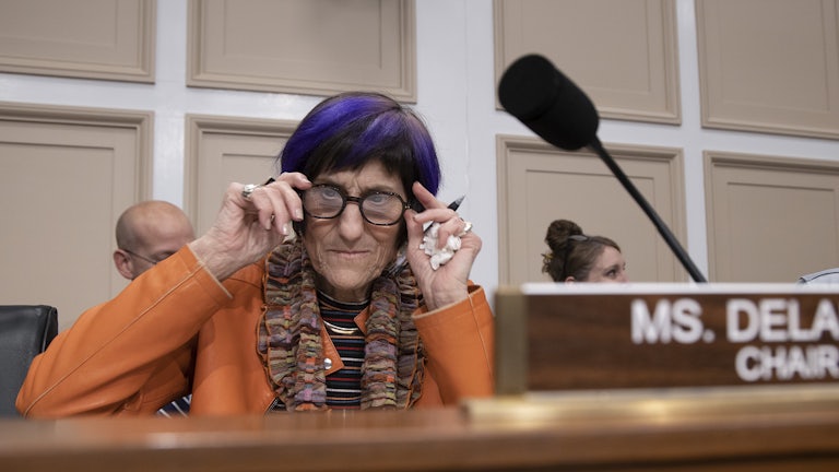 Connecticut Representative Rosa DeLauro adjusts her glasses during a committee hearing.