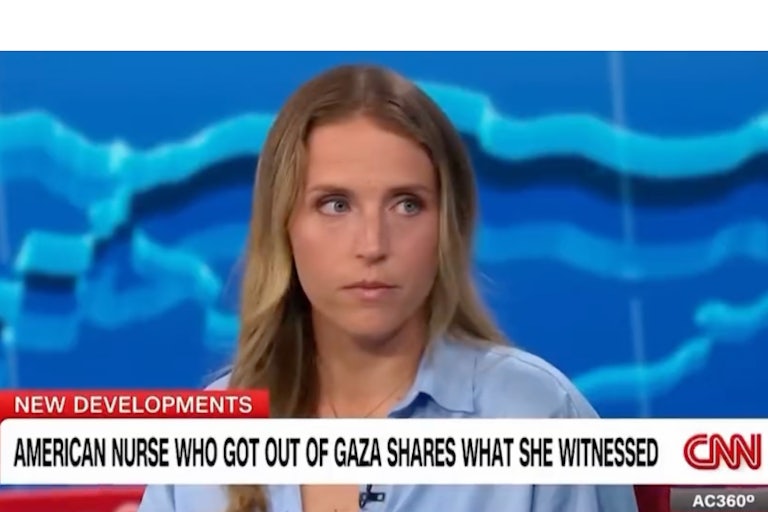 Emily Callahan on CNN. Chyron reads: American nurse who got out of Gaza shares what she witnessed