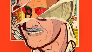 An illustration of Stan Lee composed of a collage of comics