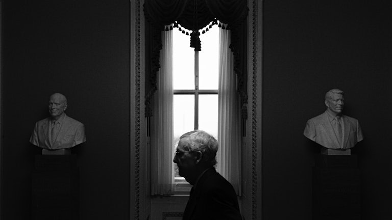 The black and white image Senate Minority Leader Mitch McConnell's profile is seen framed by a window, between two pieces of statuary.