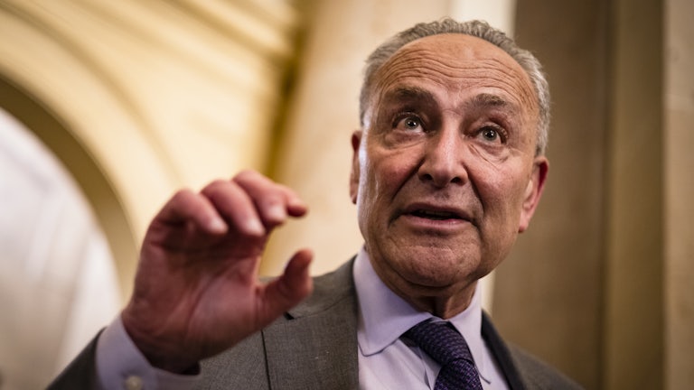 Senator Chuck Schumer gesticulates while talking.