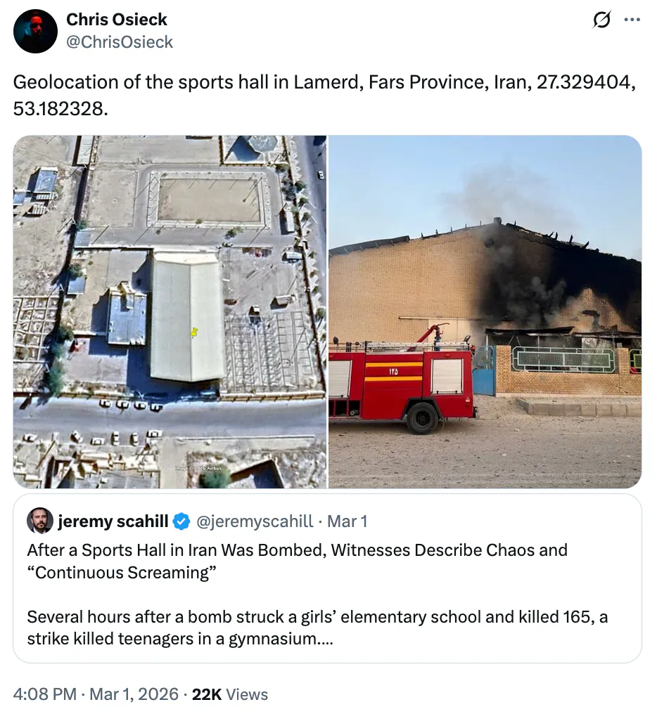 X screenshot Chris Osieck @ChrisOsieck: Geolocation of the sports hall in Lamerd, Fars Province, Iran, 27.329404, 53.182328.