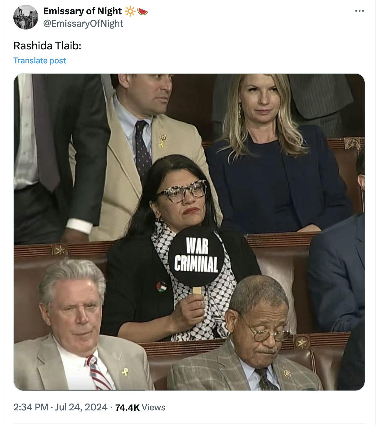 Twitter screenshot Emissary of Night 🔆🍉 @EmissaryOfNight Rashida Tlaib: (with a photo of Tlaib wearing a keffiyeh and holding up a paddle that reads "War Criminal")