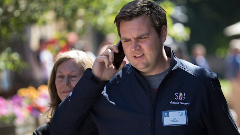 JD Vance talks on his mobile phone during the second day of the annual Allen & Company Sun Valley Conference.