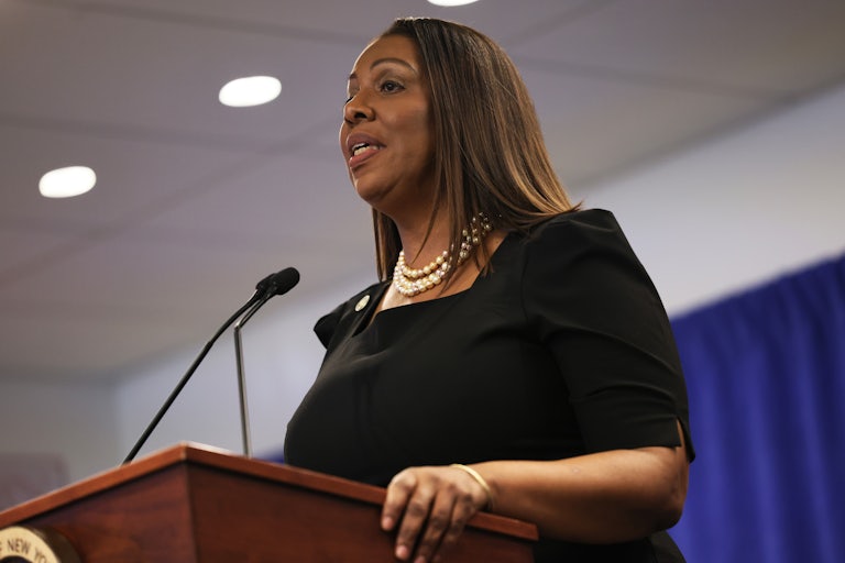 Letitia James speaks into a podium microphone