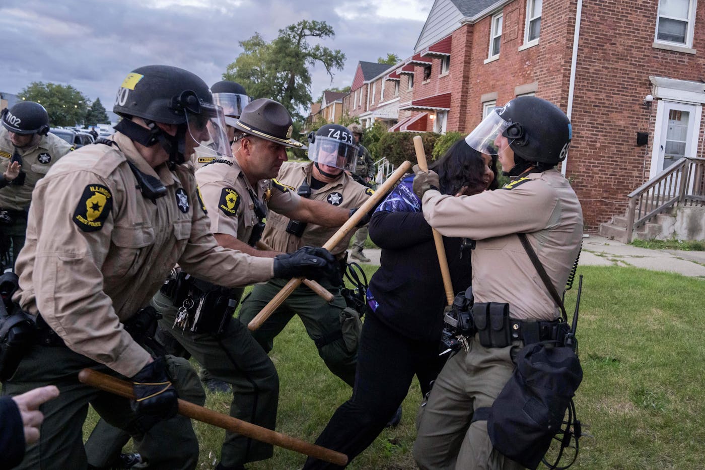 A photo from October 11, Illinois State Police detained someone after declaring an “unlawful assembly” near the ICE detention facility in Broadview