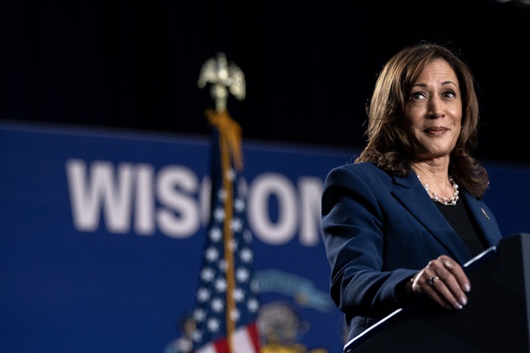 Kamala Harris raises her eyebrows and smiles while standing at a podium