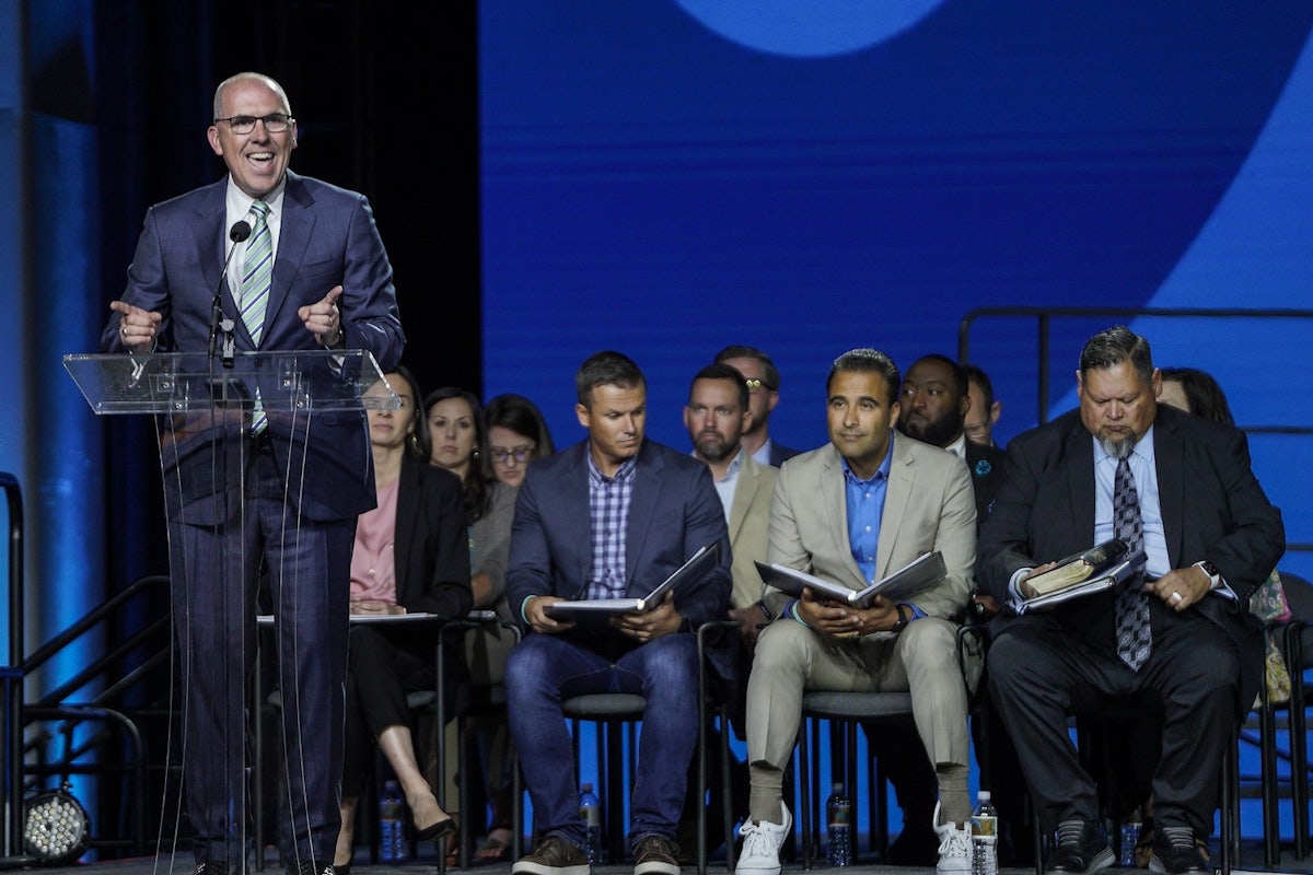 Bart Barber, pastor of First Baptist Church in Farmsville, Texas, speaks during the morning session of the June 14 Southern Baptist Convention annual meeting