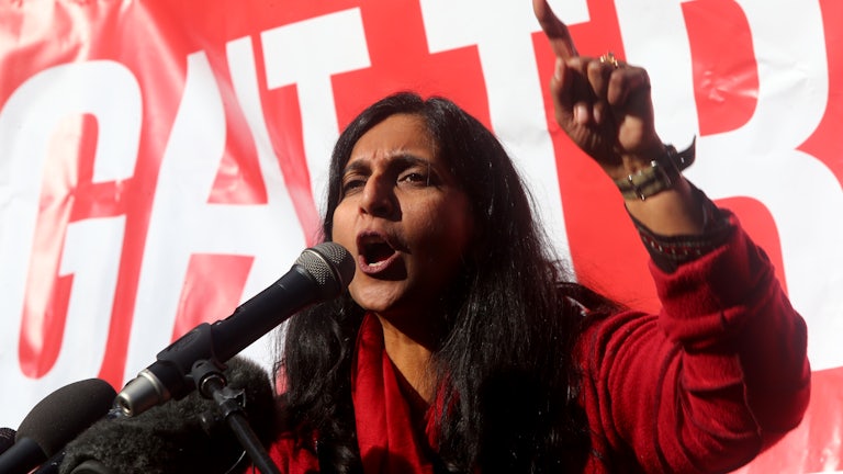 Seattle City Council member Kshama Sawant speaks at a rally held outside the U.S. District Courthouse in Seattle.