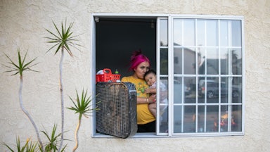 A woman with pink hair, seen from the outside of her building, stands at the window of her apartment in front of a fan holding a baby. A palm tree is seen next to the window.