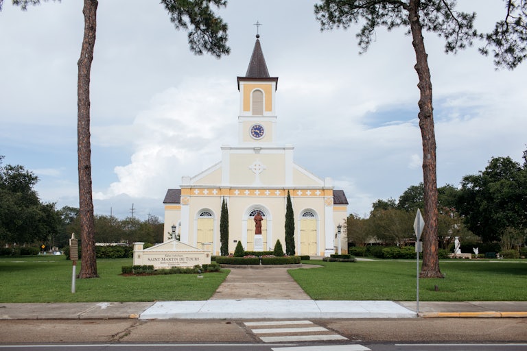 A front view of St. Martin de Tours, a church in St. Martinville, Louisiana