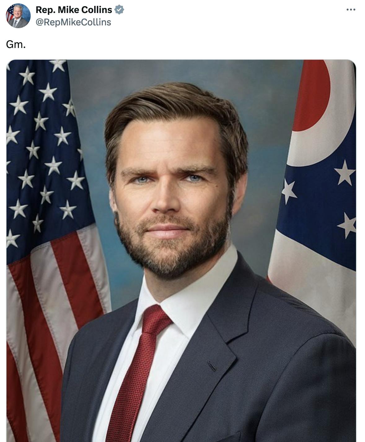 Twitter screenshot Rep. Mike Collins @RepMikeCollins: Gm. (Yassified/Facetuned photo of JD Vance)