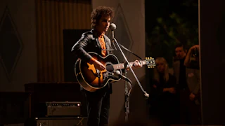 Timothée Chalamet as Bob Dylan in "A Complete Unknown"