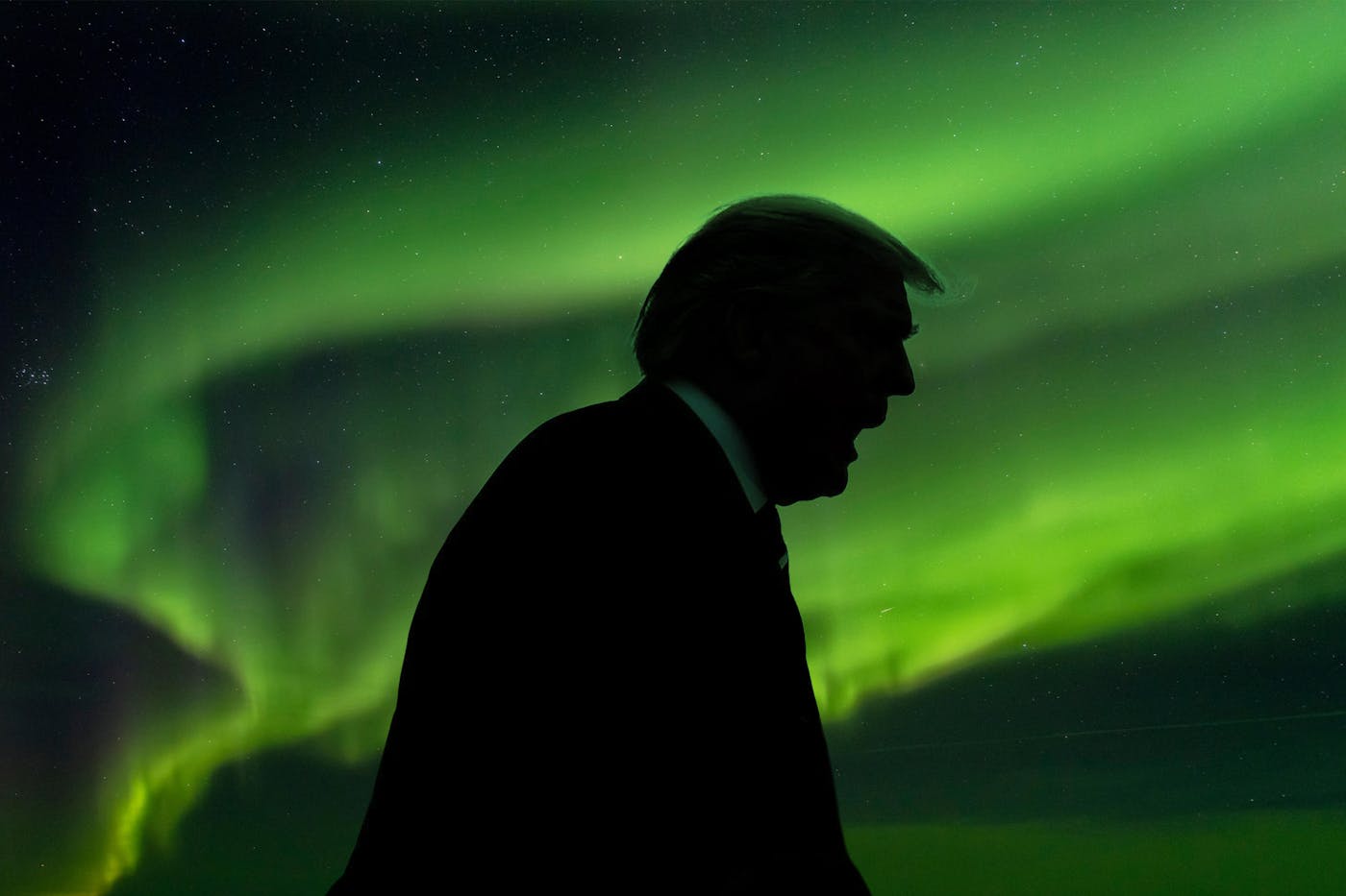 An illustration of Trump with the Northern Lights in the background