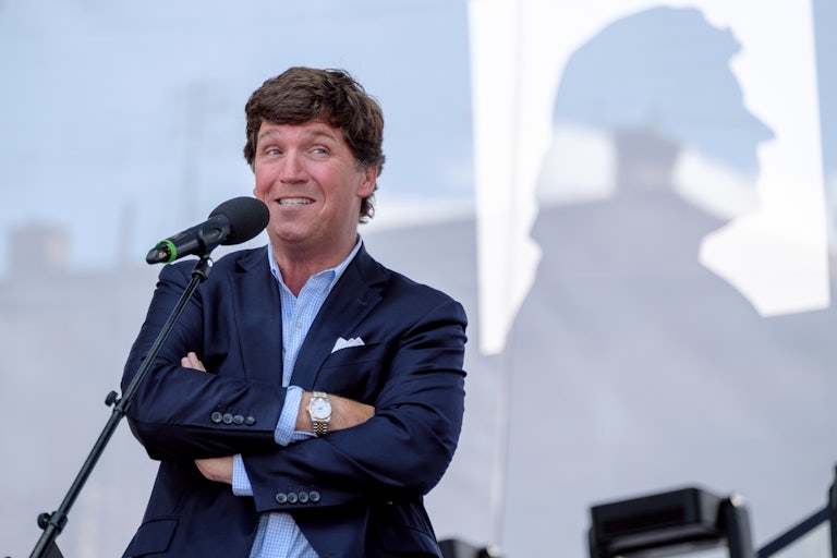 Fox News' Tucker Carlson speaks at an event in Hungary.