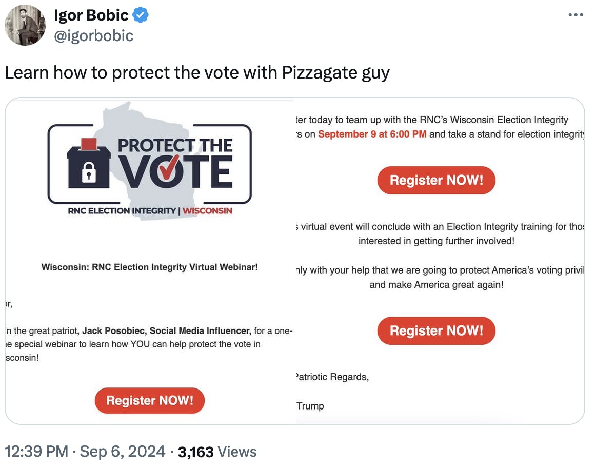 Twitter screenshot Igor Bobic @igorbobic: Learn how to protect the vote with Pizzagate guy (with screenshots of email from RNC)