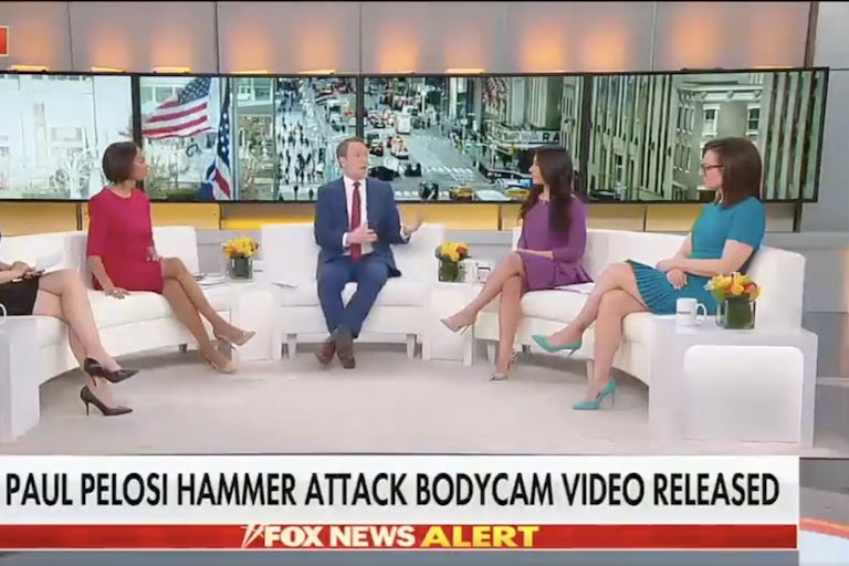 Screenshot of Fox News hosts talking (4 women and 1 man, sitting in a semicircle) with the chyron: Paul Pelosi Hammer Attack Bodycam Video Released