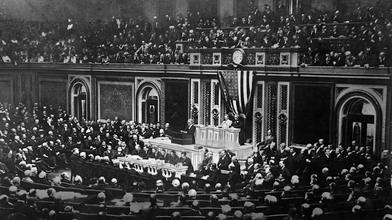 President Woodrow Wilson asks Congress to send U.S. troops into battle against Germany in World War I, in his address to Congress in Washington D.C. on April 2, 1917.