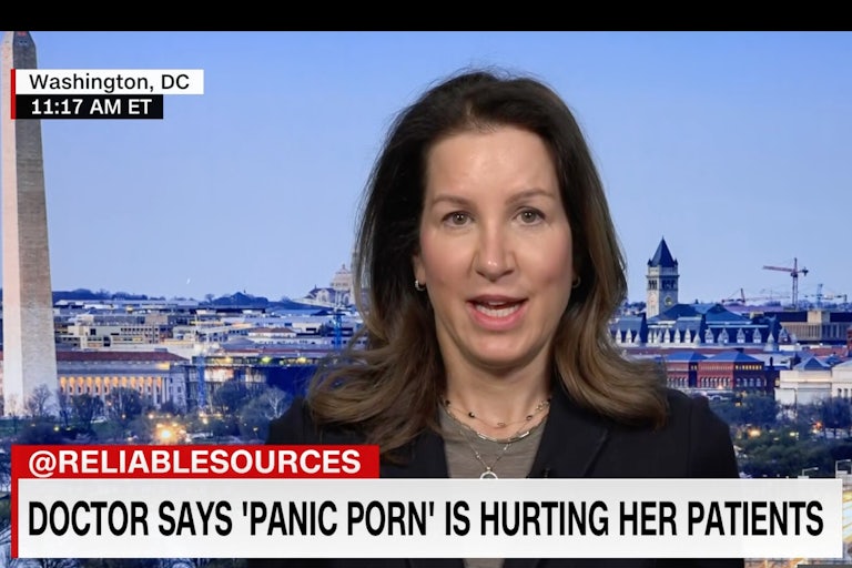 Dr. McBride appears. The chyron below reads, "doctor says 'panic porn' is hurting her patients."